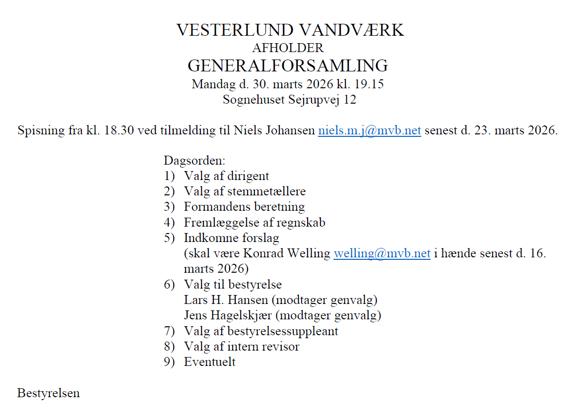 Vesterlund Vandværk Generalforsamling 2026